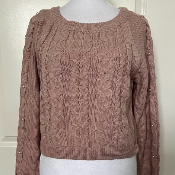 FRESHMAN Pink Cable Knit Pearl Beaded Long Sleeve Sweater Top Size Small - Picture 1 of 13